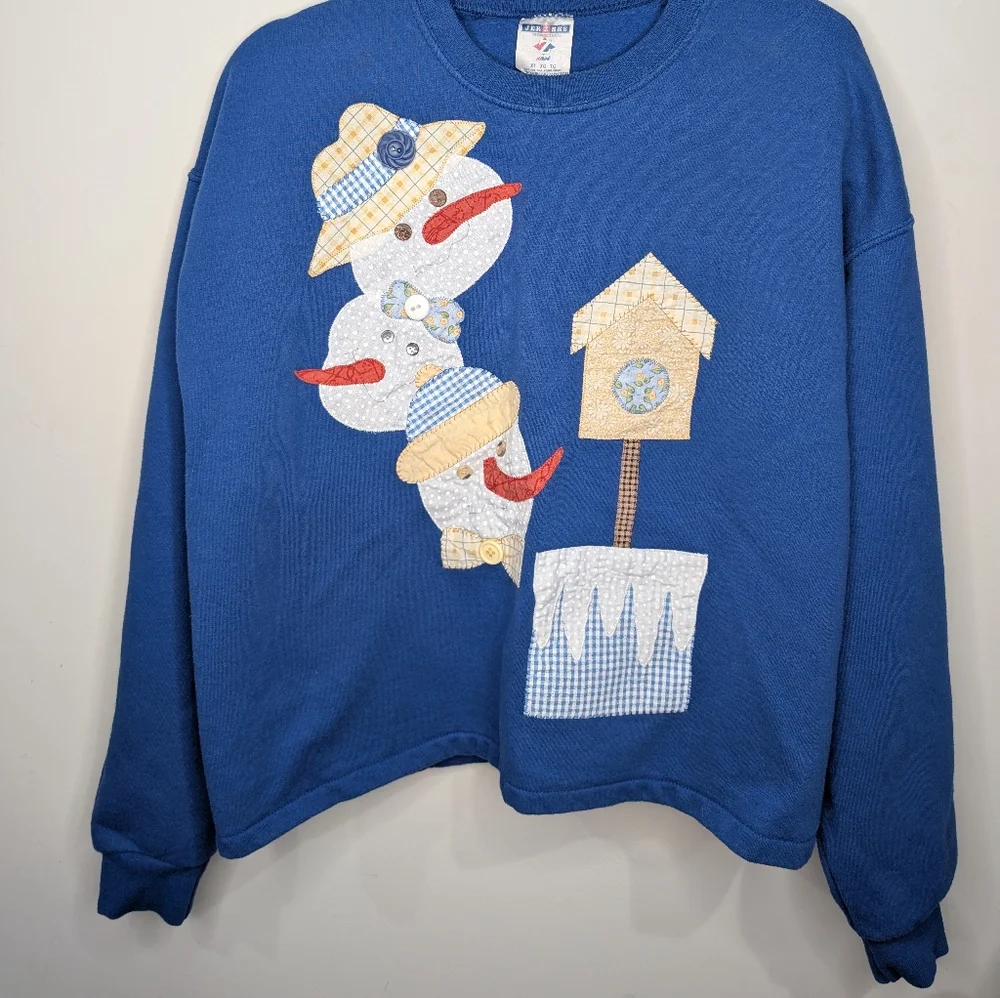 Vintage Jerzees Patchwork Snowman Sweatshirt Blue Winter Graphic Size XL